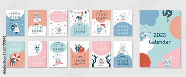 Fototapeta 2023 vertical calendar design with cute rabbits chinese year symbol. 12 month, week start on sunday. Page template size A3, A4, A5. Vector flat illustrtion, great for kids, nursery, poster, printable