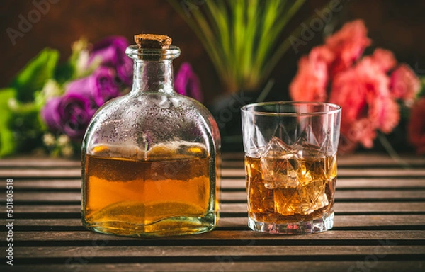 Fototapeta Glass of whiskey with ice and bottle with liquor on a wooden table with some color flowers. Alcoholic beverage ready to drink.