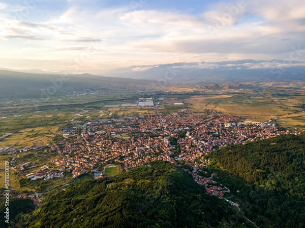 Fototapeta Aerial Sunset view of town of Petrich, Bulgaria