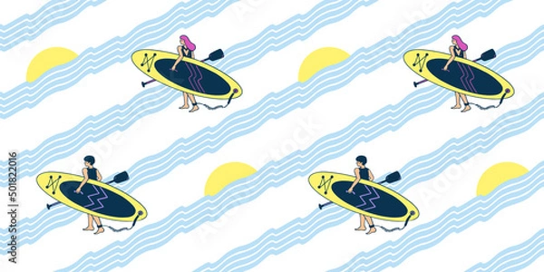 Fototapeta Pattern with a guy and a girl carrying a SUP board and a paddle for surfing on the waves. Modern simple bright flat illustration with sunrise on the sea.