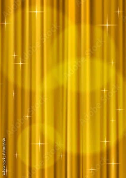 Fototapeta スポットライトが当たっている高級感のあるキラキラした金色のカーテンのイラスト背景素材_縦位置(ベクターあり)