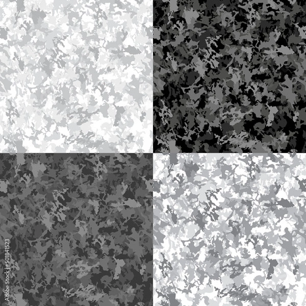 Fototapeta Vector camouflage seamless pattern set. Abstract hunting military camo endless texture. Monochrome black grey white modern illustration
