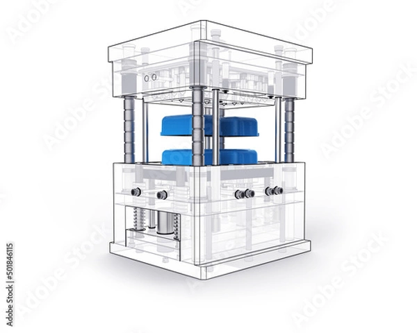 Fototapeta 3D render of plastic moulding machine. Plastic injection moulding.Cups, boxes, toolboxes. The production process for Plastic injection mold. Used for the forming of plastic parts using polypropylene
