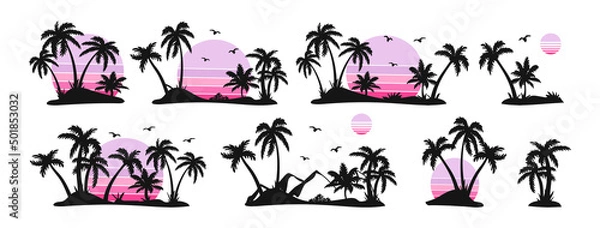 Fototapeta Silhouettes of palm trees and pink sun vector. set of palm trees and sunrise vector silhouette. tropical landscape and mountains black, very peri vector illustration.eps	