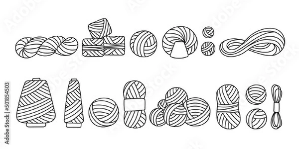 Obraz Large set of yarn for crocheting, knitting needles in doodle. Skein, ball, bobbin. Isolated vector illustration in sketch hand drawn style