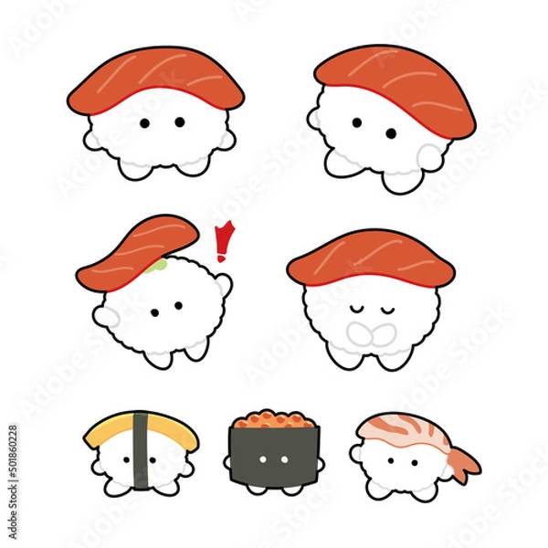 Obraz かわいい寿司のキャラクター　イラストセット　線あり