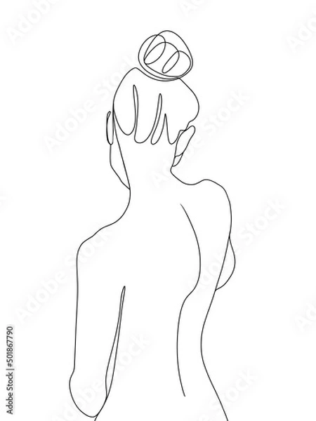 Obraz A woman's nude back and tied hair is drawn in one line art style. Printable art.