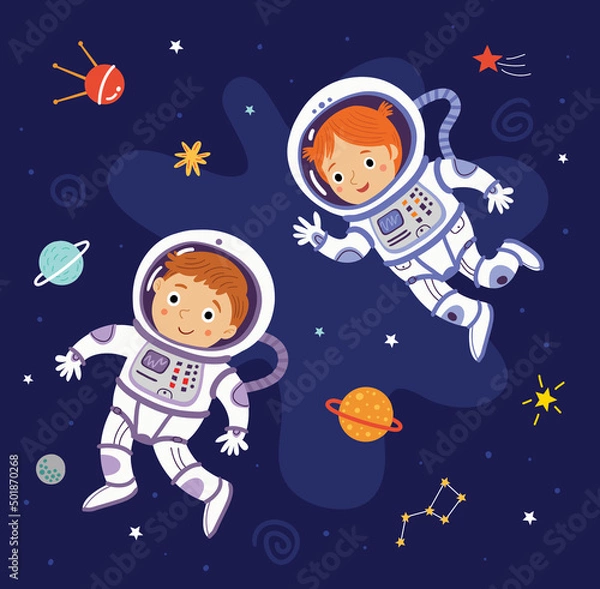 Fototapeta Children astronauts fly in space