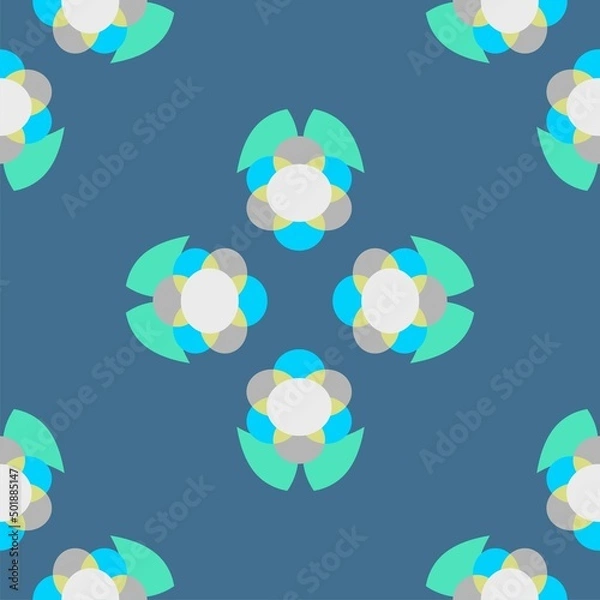 Fototapeta Geometric graphic flowers vector seamless repeat pattern in blue and green