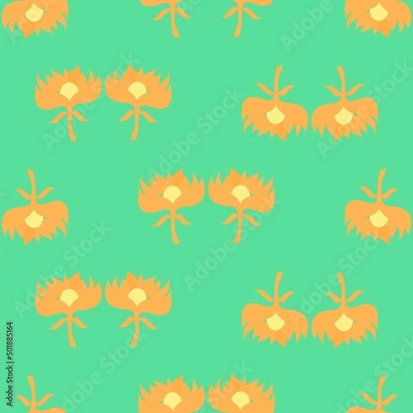 Fototapeta Minimalistic graphic retro 60s style orange flowers vector repeat pattern on a green background