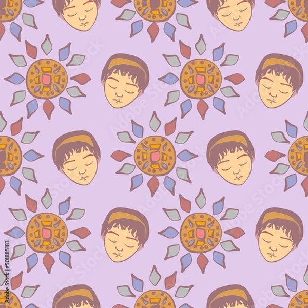 Fototapeta Girl's faces and sunbursts cute vector seamless repeatable pattern in orange and lilac
