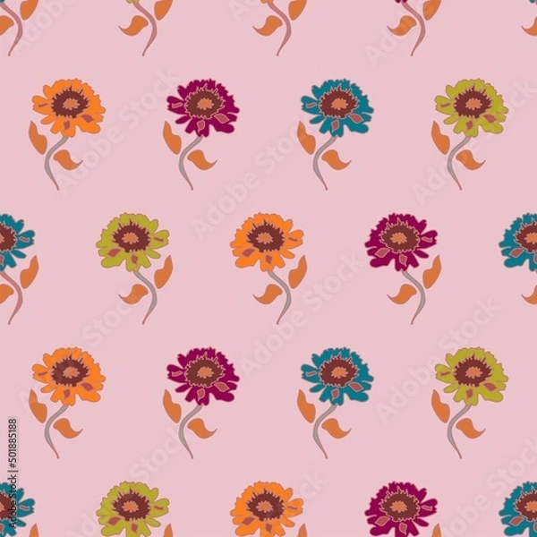 Fototapeta Multicolor flowers arranged in regular rows vector seamless repeat pattern on a pale pink background
