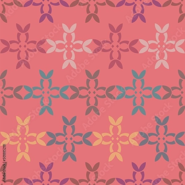 Fototapeta Vector seamless repeat pattern with curved geometric shapes in muted multicolor on coral pink