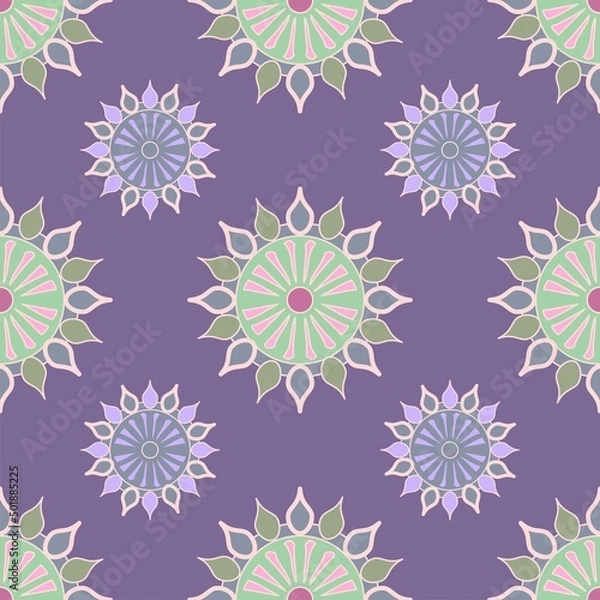 Fototapeta Purple, pink and green geometric shapes vector repeat pattern with circles and teardrop shapes