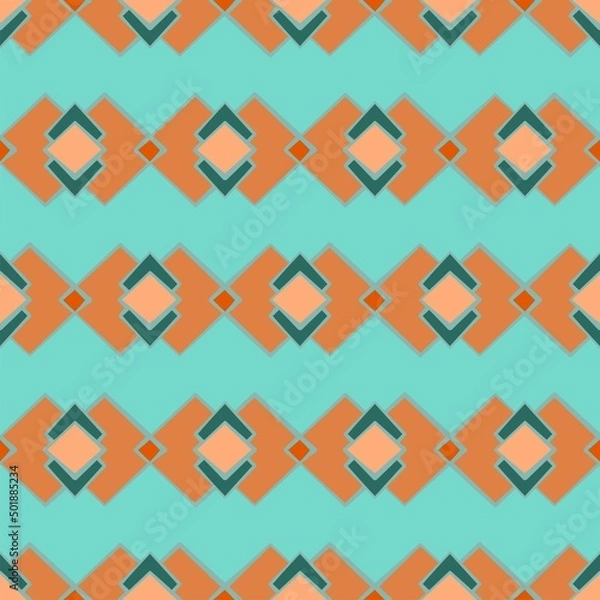 Fototapeta Aqua green and bright orange vector seamless repeat pattern with diamond geometric shapes