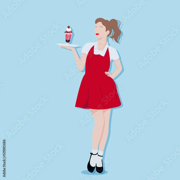 Fototapeta waitress in a red dress and with a tray