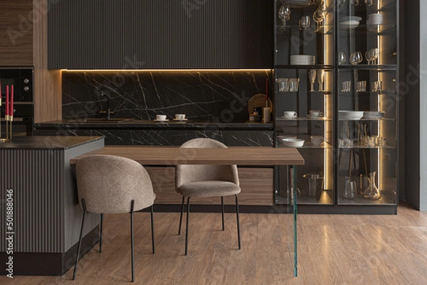 Obraz kitchen area in a chic expensive interior of a luxury home with a dark black and brown modern design with wood trim and led light