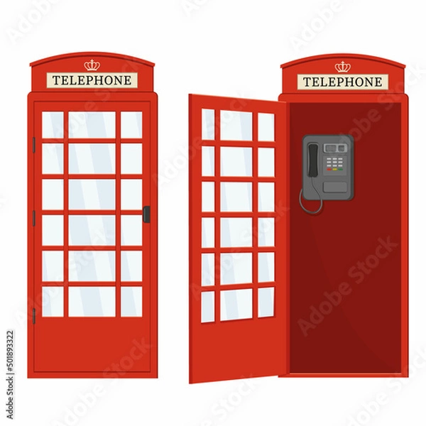Fototapeta Red telephone booth with open door, color vector isolated cartoon-style illustration