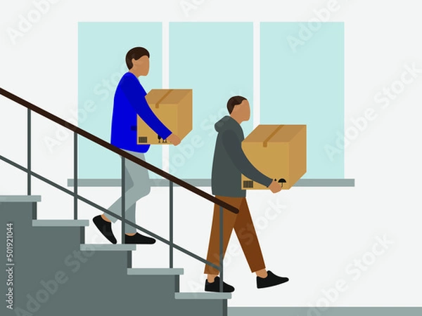 Obraz Two male characters with cardboard boxes in their hands go down the stairs