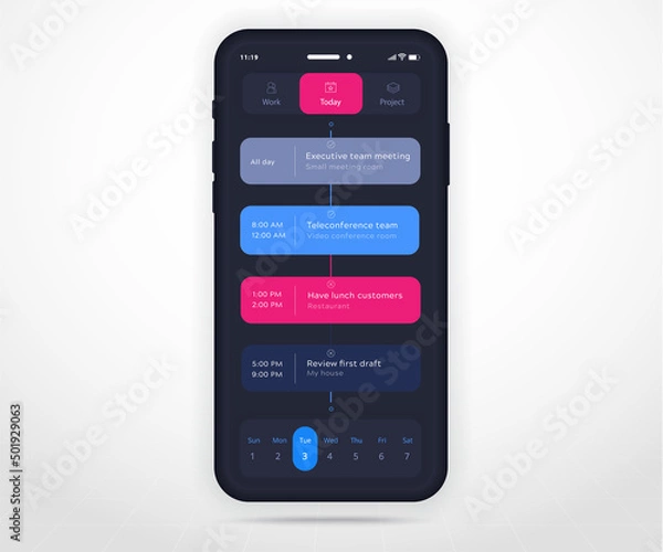 Fototapeta Mobile app calendar planner concept, Appointment calendar template UI UX, Smartphone calendar schedule agenda annual planning meeting application, Calendar events, Activity, Event app, Vector phone