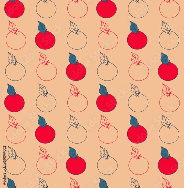 Fototapeta Seamless pattern of red and contour apples. Fruit pattern on an orange background. Vector illustration