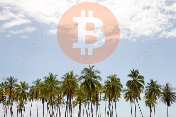 Obraz bitcoin sign on blue sky