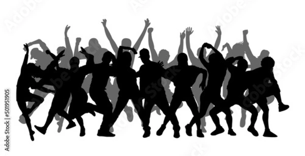 Obraz Detailed vector illustration silhouettes of expressive dance colorful group of people dancing. Jazz funk, hip-hop, house dance. Dancer man jumping on white background. Happy celebration.  Party.
