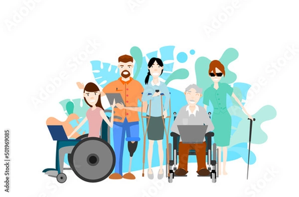 Fototapeta Happy handicapped group. Technology for the disabled. Flat design vector illustration.