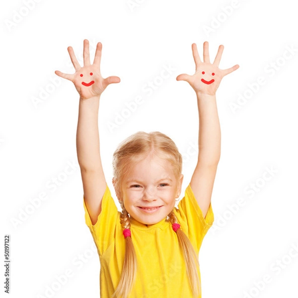 Fototapeta Happy little child with smiley faces painted on his palms.