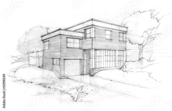 Fototapeta Sketch of a modern cubic house. First idea of an architect.