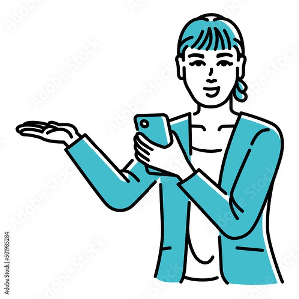 Obraz スマホを片手に何かを案内するビジネスパーソン（女性）