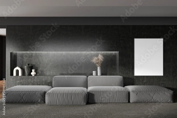 Fototapeta Front view on dark living room interior with empty poster