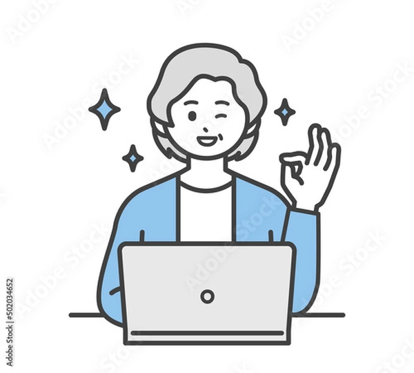 Fototapeta 高齢女性がパソコンを操作するイラスト素材