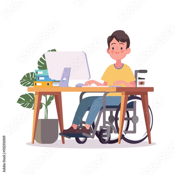 Fototapeta Disabled man sitting in a wheelchair at a desk at a computer.