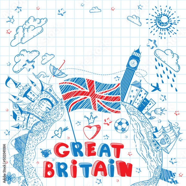 Fototapeta Cute and lovely hand drawn doodle ink cartoon poster with Great Britain flag, ship, castle, cities, Big Ben on the notebook sheet. Tourism vector background with empty space.