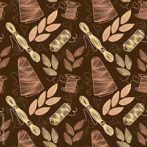 Fototapeta Seamless pattern of thread and embroidery, hand-drawn doodle elements in sketch style. Sewing thread. Embroidered leaves. Sewing. Embroidery. Thread. Handmade. Vector simple illustration.