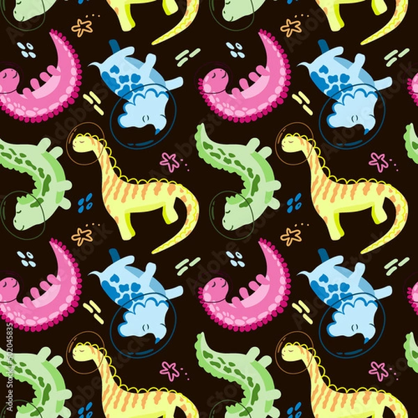 Fototapeta Seamless drawing of cute multicolored dinosaur astronauts on white background. Vector in cartoon style. Astronaut dinosaurs with planets, comets and stars around on a dark background.