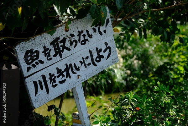 Fototapeta 公園の看板 魚を取らないで 川をきれいにしよう