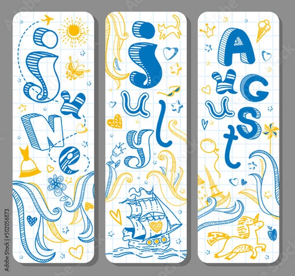Obraz Three lovely vertical seasonal summer doodle banners with cute hand drawn text in vector for stickers, bookmarks, prints and different childish accessories. June, July, August. Calendar greetings