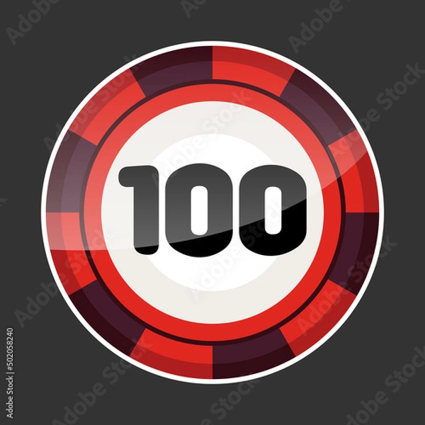 Fototapeta Casino chip 100 icon. Flat illustration of casino chip with a value of one hundred. Vector icon for web design in red color.