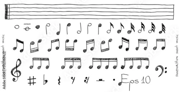 Fototapeta Musical note icons hand-drawn in sketchy style, music symbols and signs, set. Vector illustration