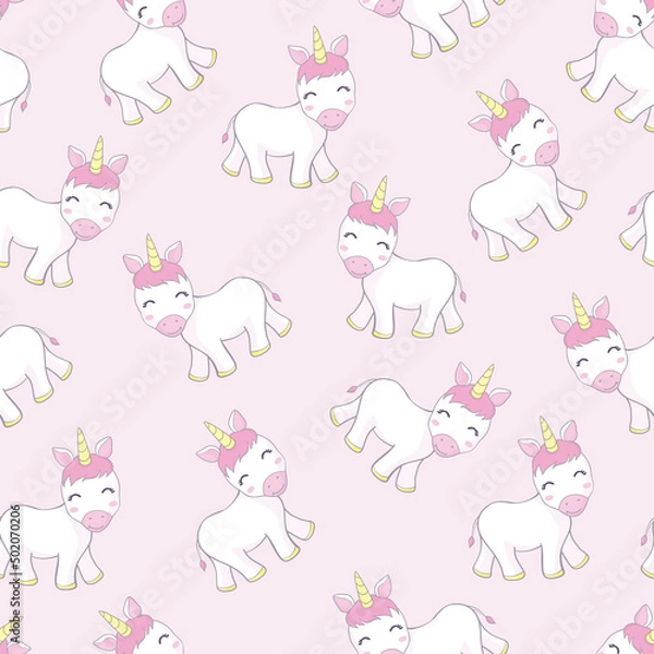 Fototapeta seamless pattern with cartoon unicorns, rainbows, clouds, decor elements on a neutral background. Colorful vector flat style for kids.