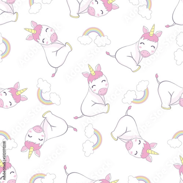 Fototapeta seamless pattern with cartoon unicorns, rainbows, clouds, decor elements on a neutral background. Colorful vector flat style for kids.
