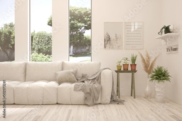 Fototapeta Minimalist living room in white color with sofa and summer landscape in window. Scandinavian interior design. 3D illustration
