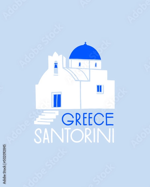 Fototapeta Traditional white church with a blue roof. Greek architecture of Santorini Island. Design element for souvenir products. Vector illustration isolated.