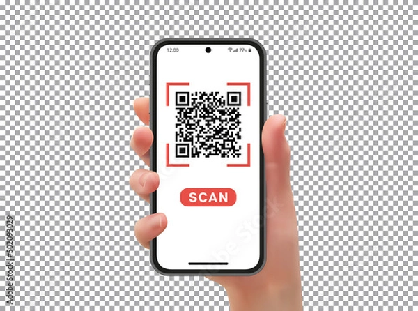 Obraz Hand with phone, scanning qr code, transparent background, vector illustration