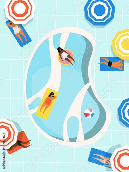 Fototapeta swimming pool top view beach summer time scene with people , men women children swimming, floating on inflatable mattress and rings vector illustration EPS