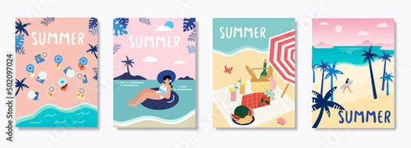Fototapeta Set of vector summer travel banners with beach umbrellas, waves and surfing board EPS