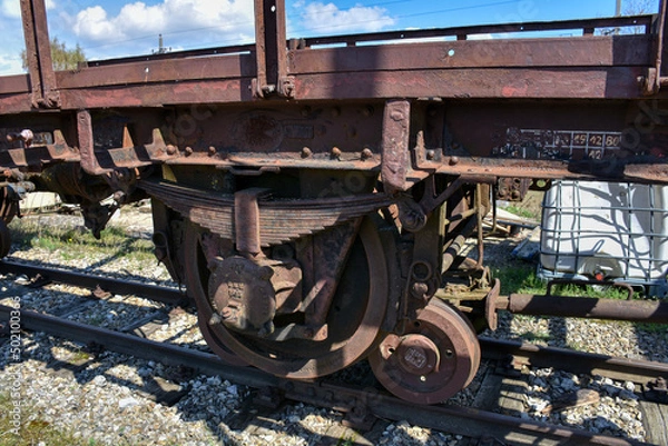 Fototapeta Schmalspur, Normalspur, Rollschemel, Rollbock, Tragschemel, Achse, Rad, Langbeinscher Rollbock, Radlager, Räder, Güterwagen, Schmalspurbahn, Waggon, Kupplung, Geländer, Federung, Feder, Blattfeder, an