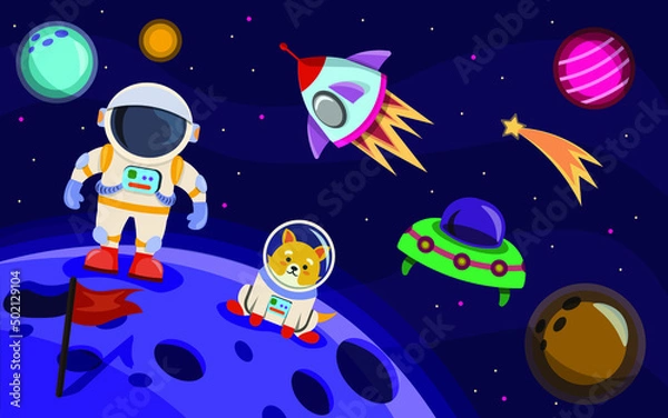 Fototapeta Astronaut and a dog in space. Flat vector illustration. 